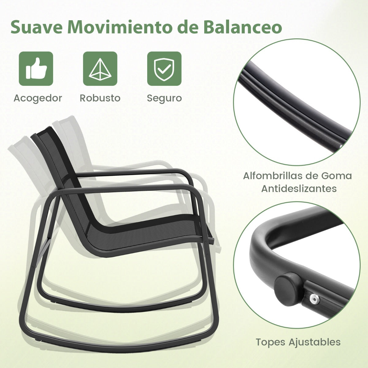 Juego de Mesa y 2 Mecedoras de Bistró con Balanceo y Tapa de Vidrio Conjunto de Muebles de Patio para Jardín Exterior y Balcón Negro