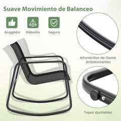 Juego de Mesa y 2 Mecedoras de Bistró con Balanceo y Tapa de Vidrio Conjunto de Muebles de Patio para Jardín Exterior y Balcón Negro