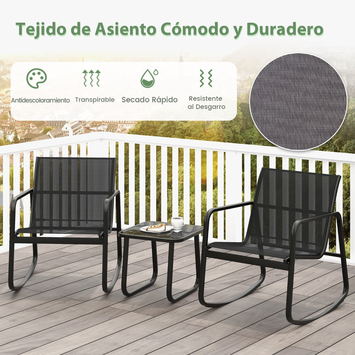 Juego de Mesa y 2 Mecedoras de Bistró con Balanceo y Tapa de Vidrio Conjunto de Muebles de Patio para Jardín Exterior y Balcón Negro