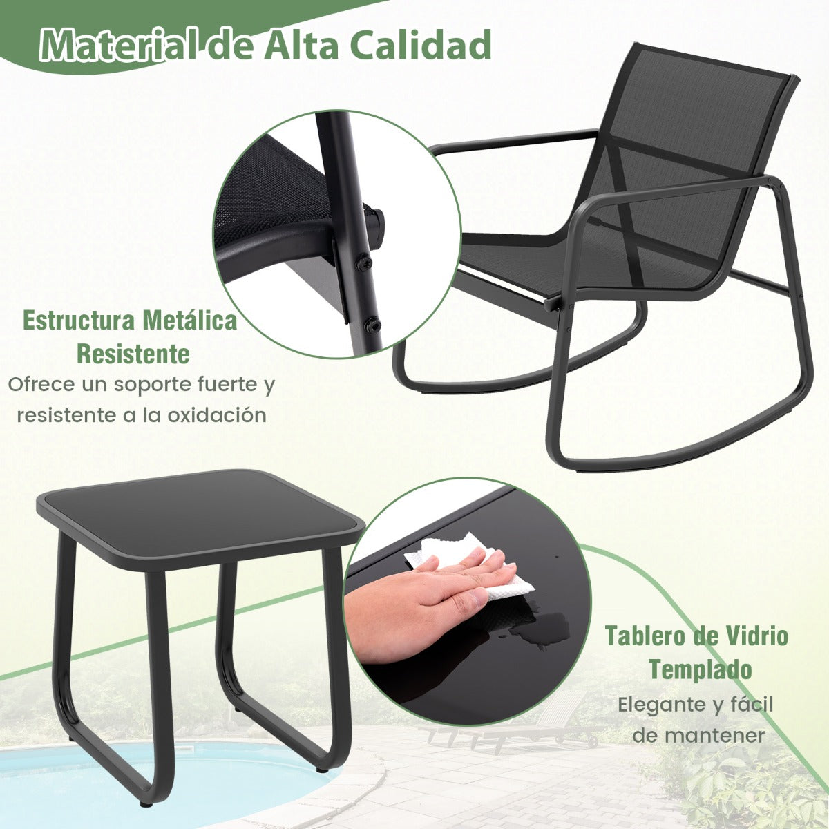 Juego de Mesa y 2 Mecedoras de Bistró con Balanceo y Tapa de Vidrio Conjunto de Muebles de Patio para Jardín Exterior y Balcón Negro