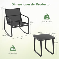 Juego de Mesa y 2 Mecedoras de Bistró con Balanceo y Tapa de Vidrio Conjunto de Muebles de Patio para Jardín Exterior y Balcón Negro
