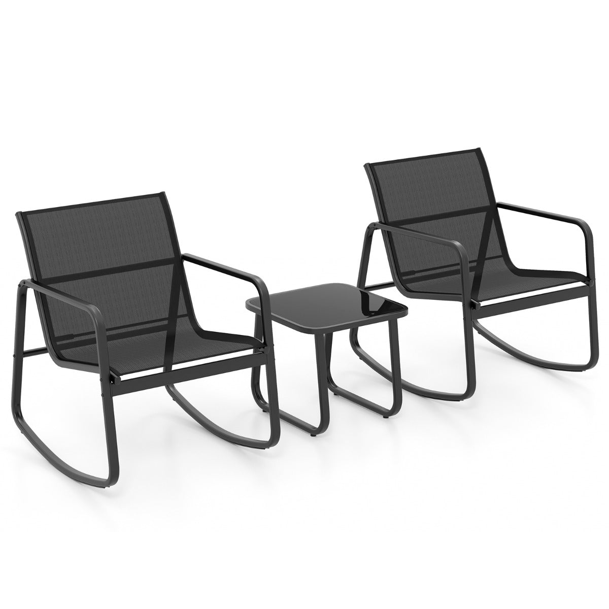 Juego de Mesa y 2 Mecedoras de Bistró con Balanceo y Tapa de Vidrio Conjunto de Muebles de Patio para Jardín Exterior y Balcón Negro