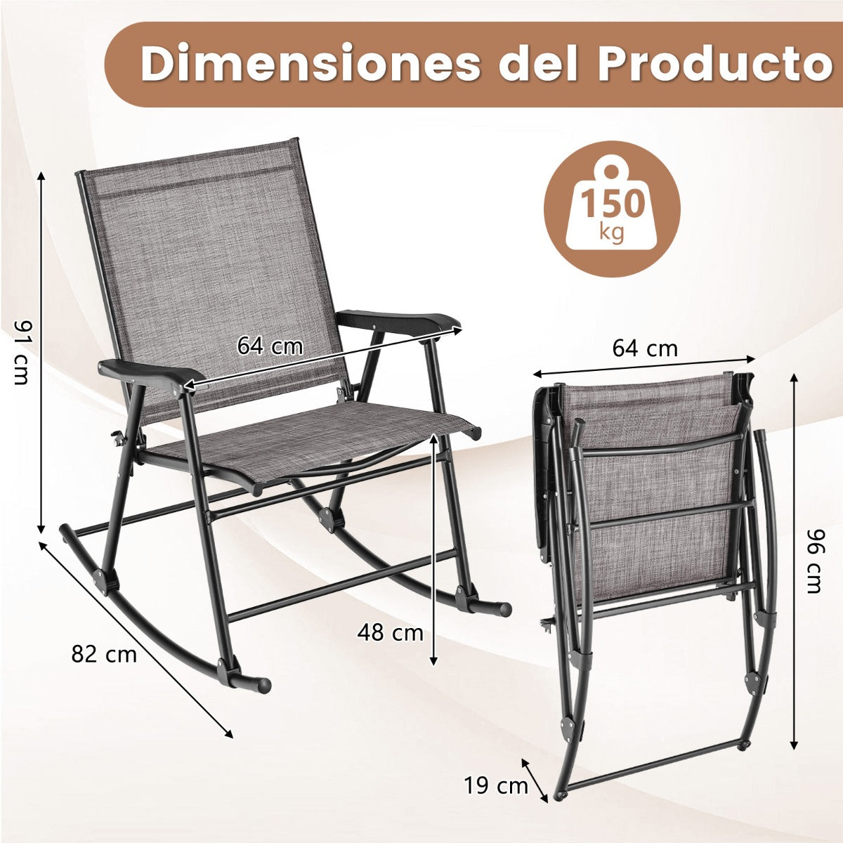 Juego de 2 Sillas Mecedoras Plegables con Tela de Asiento y Marco de Metal para Patio Jardín Terraza y Piscina 82 x 64 x 91 cm Marrón