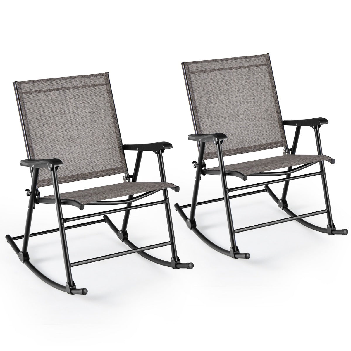 Juego de 2 Sillas Mecedoras Plegables con Tela de Asiento y Marco de Metal para Patio Jardín Terraza y Piscina 82 x 64 x 91 cm Marrón
