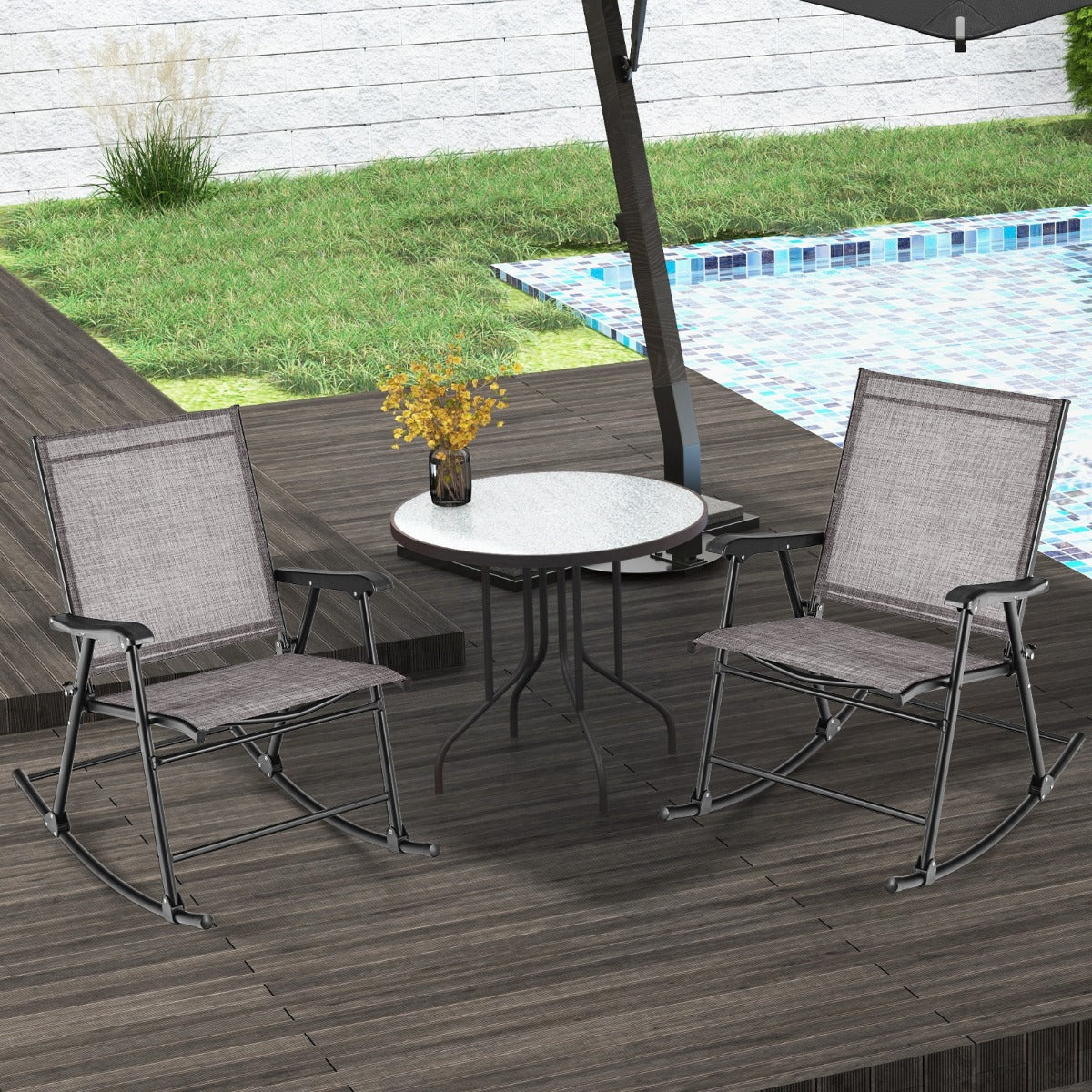 Juego de 2 Sillas Mecedoras Plegables con Tela de Asiento y Marco de Metal para Patio Jardín Terraza y Piscina 82 x 64 x 91 cm Marrón