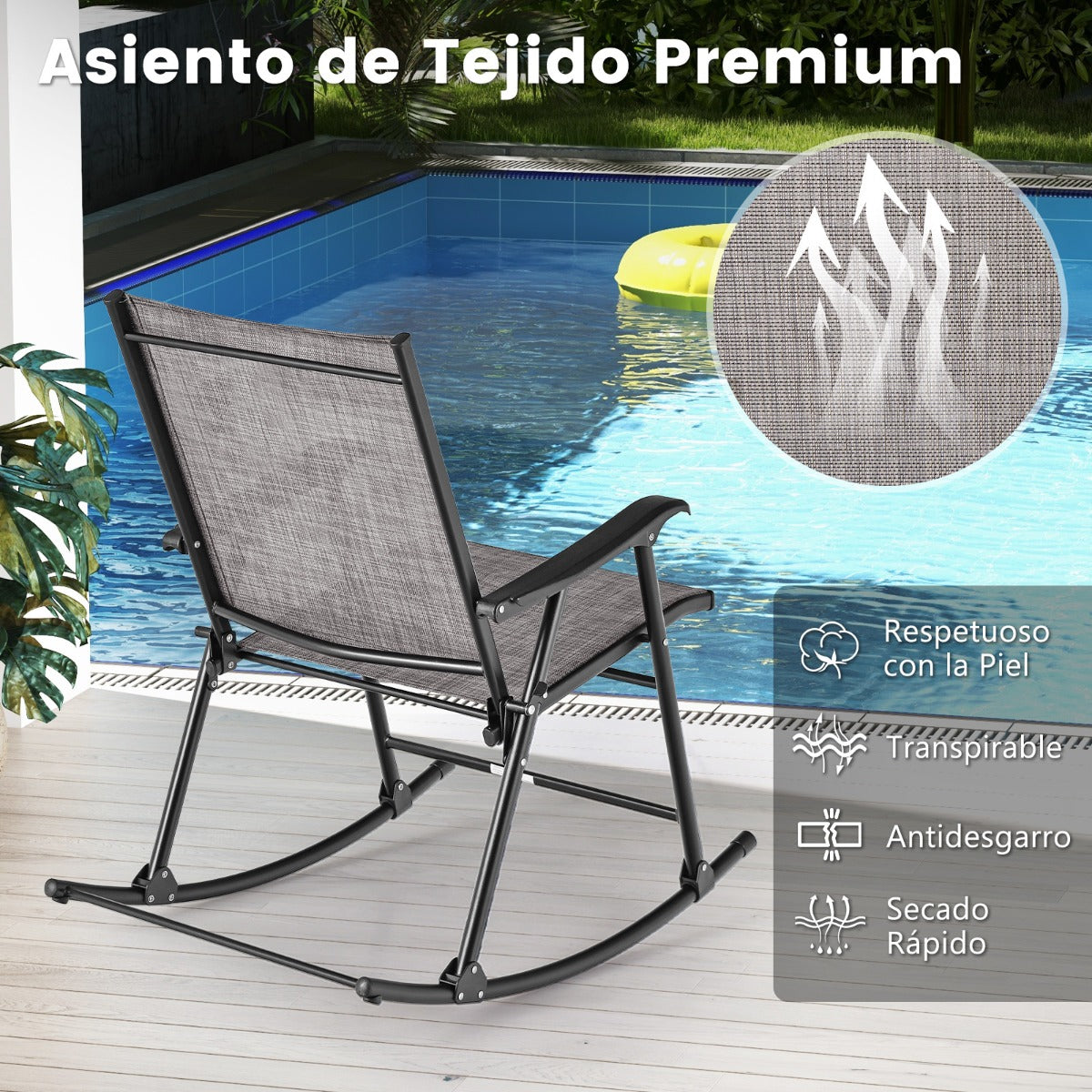 Juego de 2 Sillas Mecedoras Plegables con Tela de Asiento y Marco de Metal para Patio Jardín Terraza y Piscina 82 x 64 x 91 cm Marrón