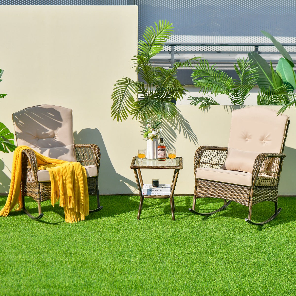 Conjunto de Mecedoras y Mesita para Exterior Incluye Cojines Acogedores y Almohada Beige Ideal para Patio