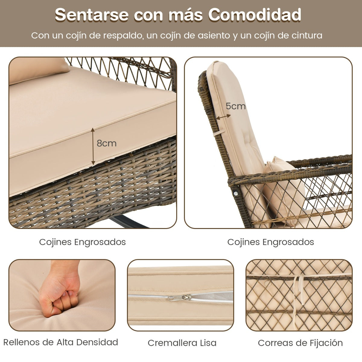 Conjunto de Mecedoras y Mesita para Exterior Incluye Cojines Acogedores y Almohada Beige Ideal para Patio
