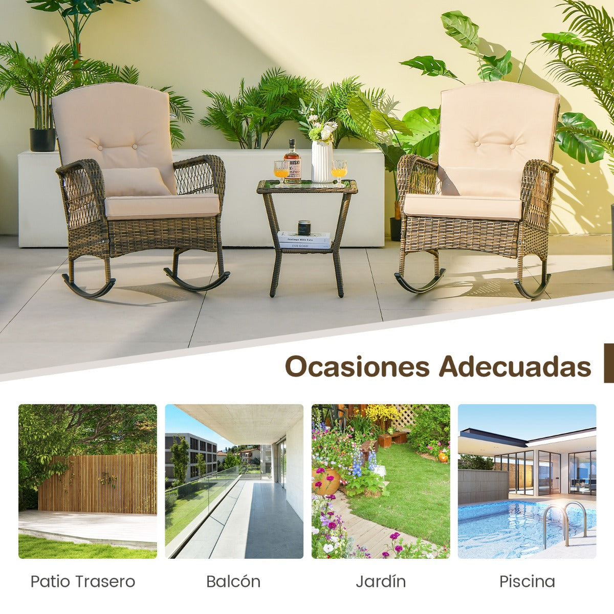 Conjunto de Mecedoras y Mesita para Exterior Incluye Cojines Acogedores y Almohada Beige Ideal para Patio