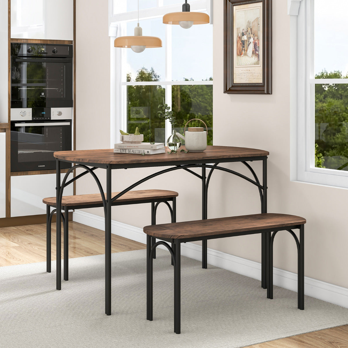 Juego de Mesa de Comedor de 3 Piezas para 4 Personas Mesa Rectangular de Madera y 2 Bancos con Estructura de Metal Muebles de Cocina Marrón
