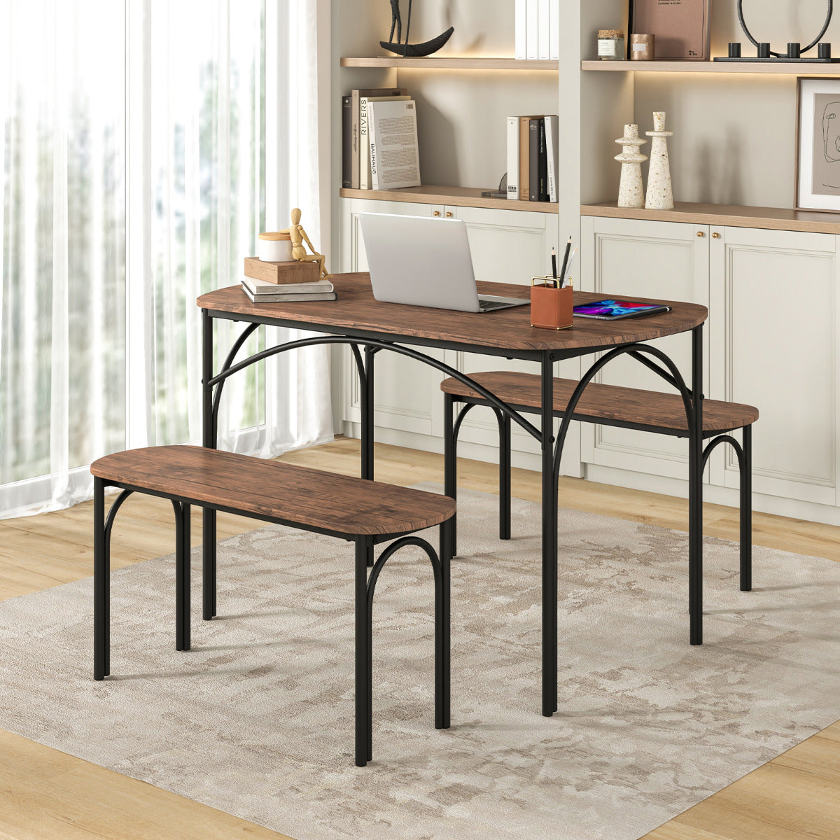 Juego de Mesa de Comedor de 3 Piezas para 4 Personas Mesa Rectangular de Madera y 2 Bancos con Estructura de Metal Muebles de Cocina Marrón