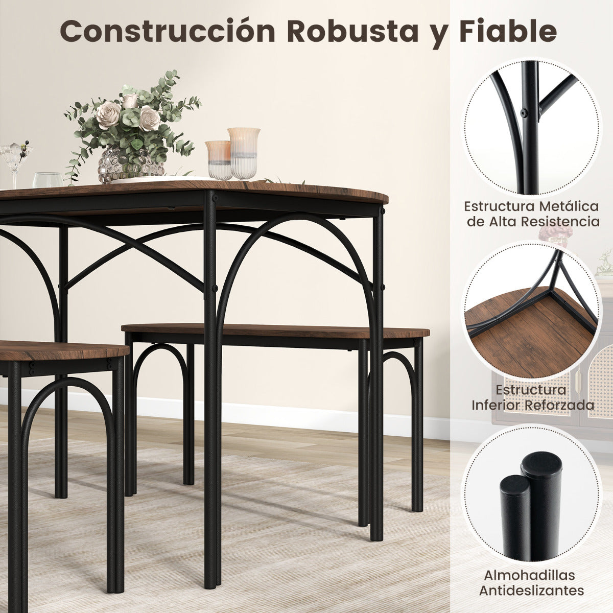 Juego de Mesa de Comedor de 3 Piezas para 4 Personas Mesa Rectangular de Madera y 2 Bancos con Estructura de Metal Muebles de Cocina Marrón