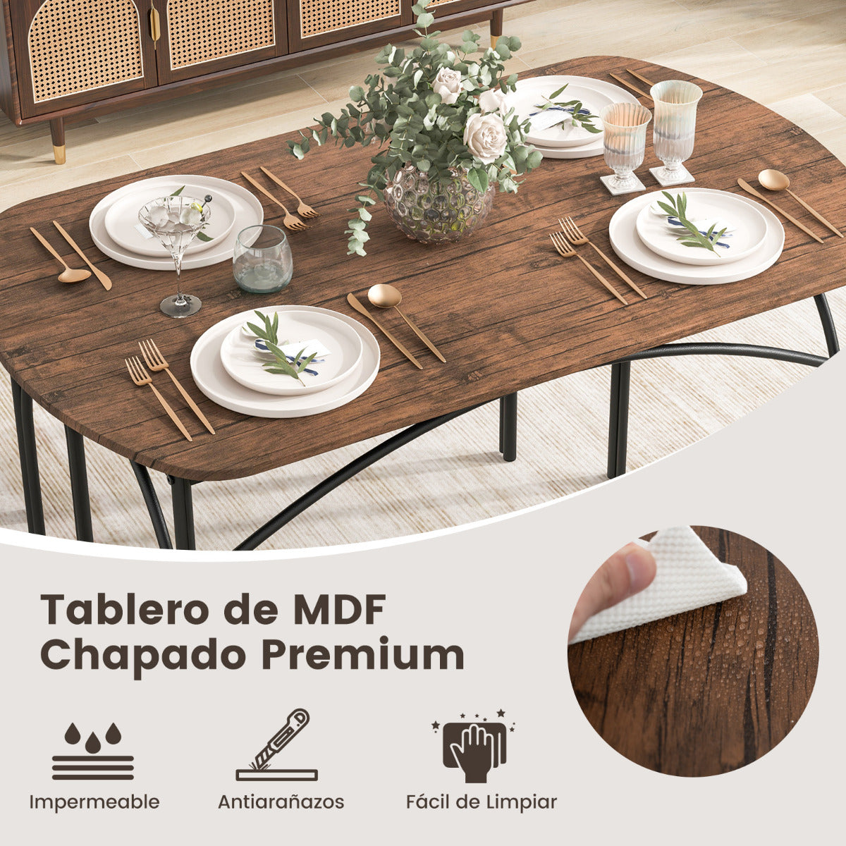 Juego de Mesa de Comedor de 3 Piezas para 4 Personas Mesa Rectangular de Madera y 2 Bancos con Estructura de Metal Muebles de Cocina Marrón