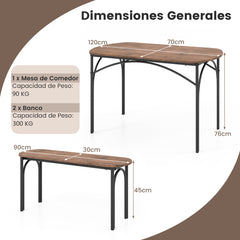 Juego de Mesa de Comedor de 3 Piezas para 4 Personas Mesa Rectangular de Madera y 2 Bancos con Estructura de Metal Muebles de Cocina Marrón