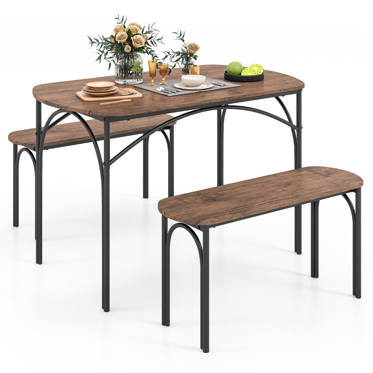 Juego de Mesa de Comedor de 3 Piezas para 4 Personas Mesa Rectangular de Madera y 2 Bancos con Estructura de Metal Muebles de Cocina Marrón