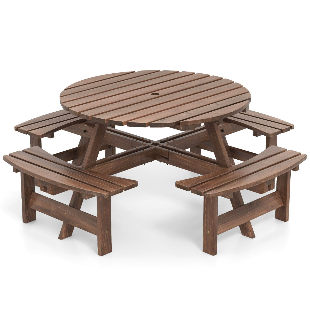 Juego de Mesa Redonda de Picnic con 4 Bancos para 8 Personas Mesa de Comedor de Patio Circular con Agujero para Sombrilla de 5 cm Marrón