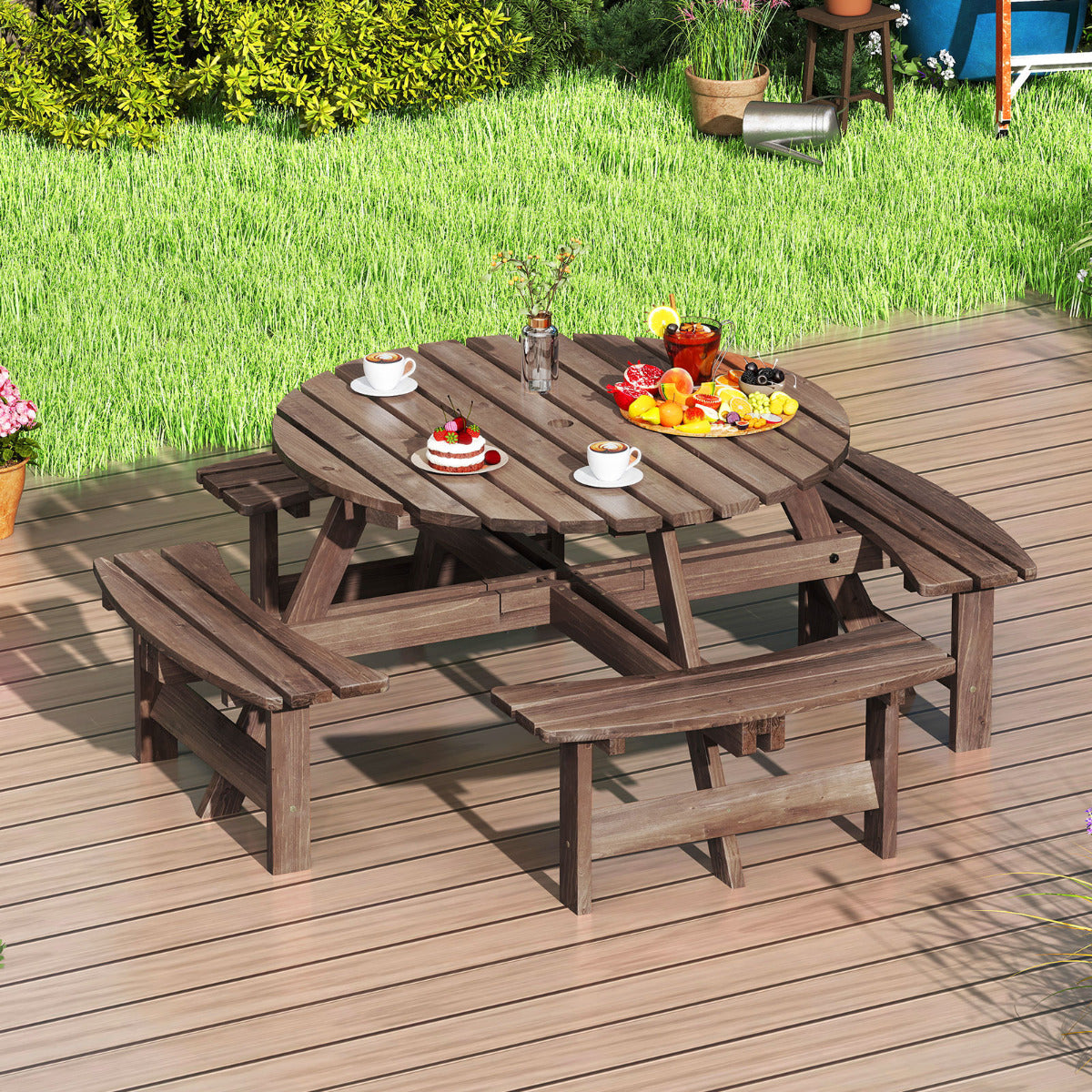 Juego de Mesa Redonda de Picnic con 4 Bancos para 8 Personas Mesa de Comedor de Patio Circular con Agujero para Sombrilla de 5 cm Marrón