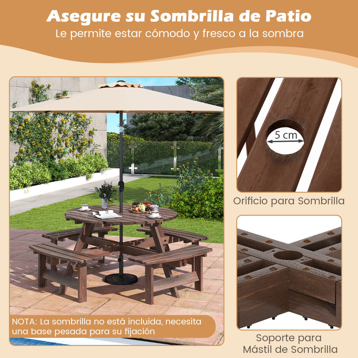 Juego de Mesa Redonda de Picnic con 4 Bancos para 8 Personas Mesa de Comedor de Patio Circular con Agujero para Sombrilla de 5 cm Marrón