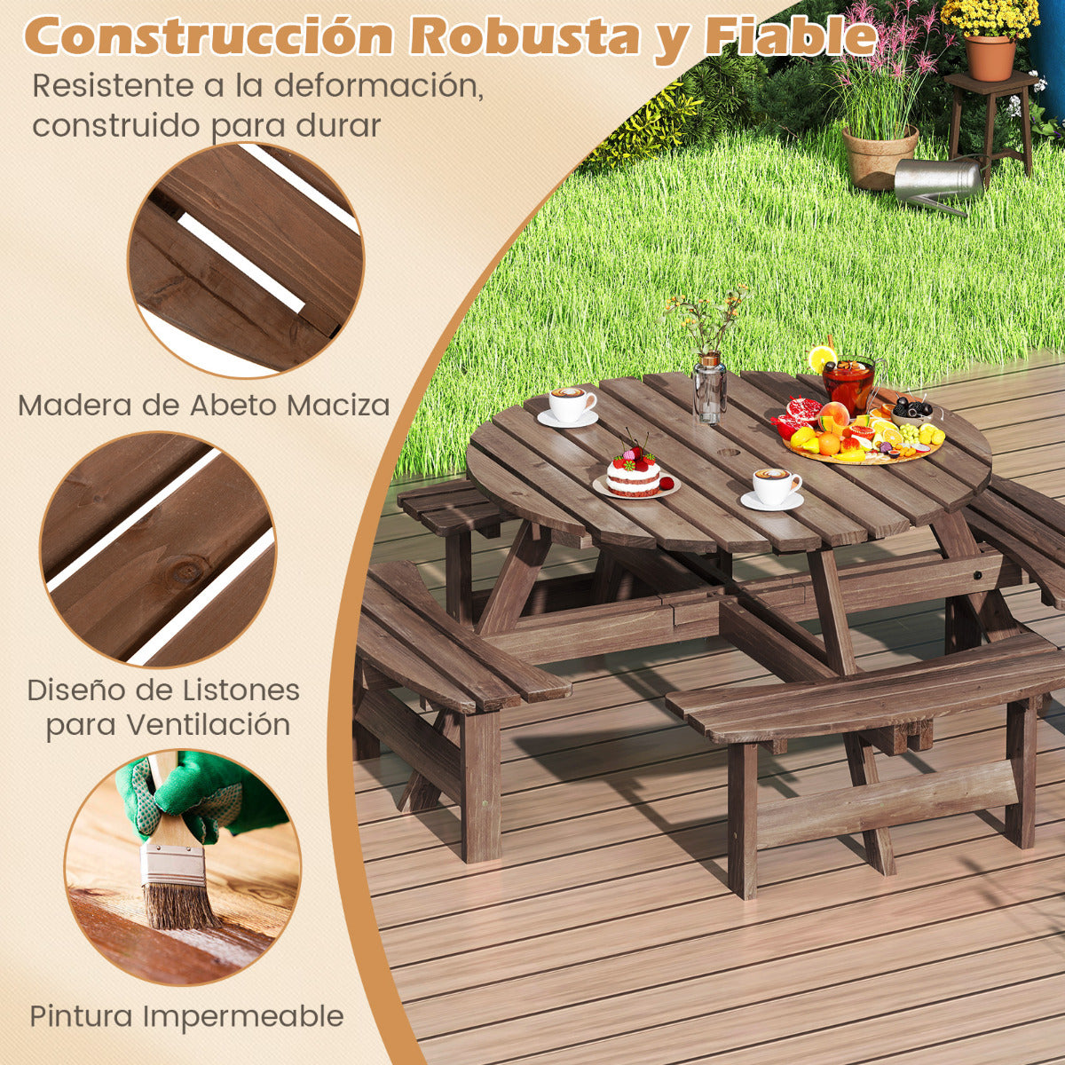 Juego de Mesa Redonda de Picnic con 4 Bancos para 8 Personas Mesa de Comedor de Patio Circular con Agujero para Sombrilla de 5 cm Marrón