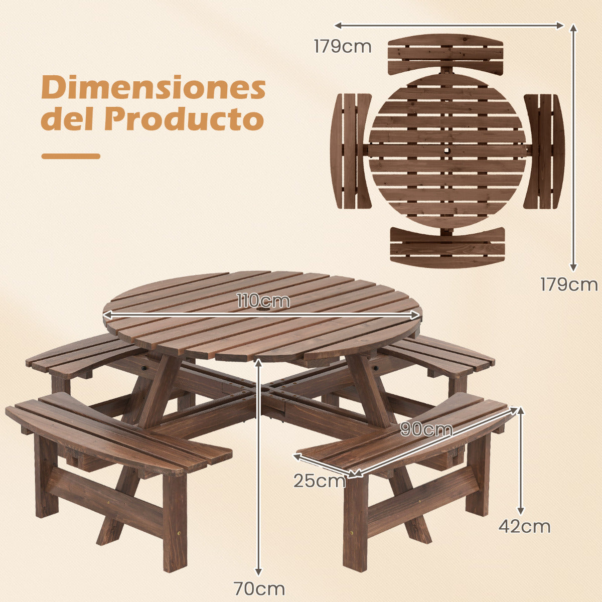 Juego de Mesa Redonda de Picnic con 4 Bancos para 8 Personas Mesa de Comedor de Patio Circular con Agujero para Sombrilla de 5 cm Marrón