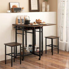 Juego de Mesa de Comedor de 3 Piezas con 2 Taburetes Botellero para 6 Botellas Estantes y Asa Lateral Mesa Plegable para Cocina Marrón