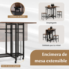 Juego de Mesa de Comedor de 3 Piezas con 2 Taburetes Botellero para 6 Botellas Estantes y Asa Lateral Mesa Plegable para Cocina Marrón