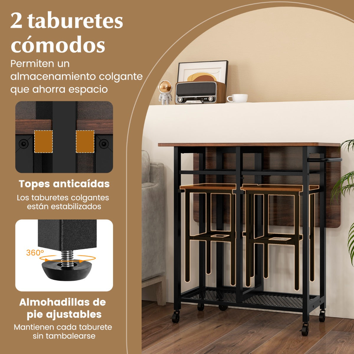 Juego de Mesa de Comedor de 3 Piezas con 2 Taburetes Botellero para 6 Botellas Estantes y Asa Lateral Mesa Plegable para Cocina Marrón