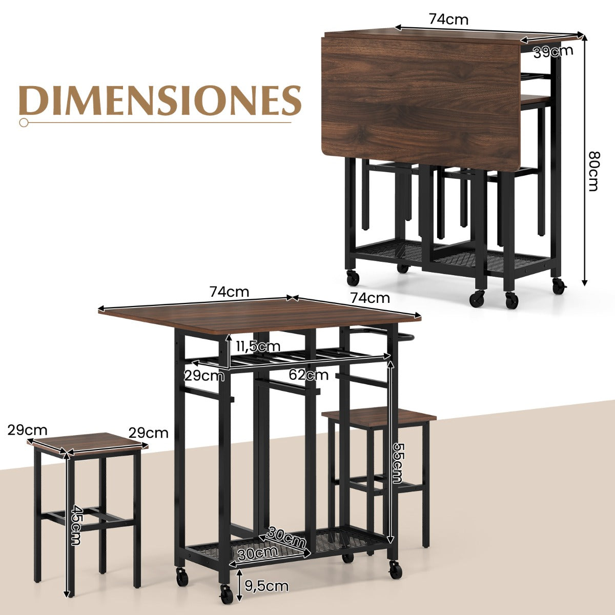 Juego de Mesa de Comedor de 3 Piezas con 2 Taburetes Botellero para 6 Botellas Estantes y Asa Lateral Mesa Plegable para Cocina Marrón