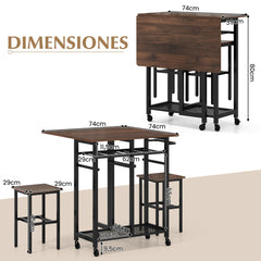 Juego de Mesa de Comedor de 3 Piezas con 2 Taburetes Botellero para 6 Botellas Estantes y Asa Lateral Mesa Plegable para Cocina Marrón