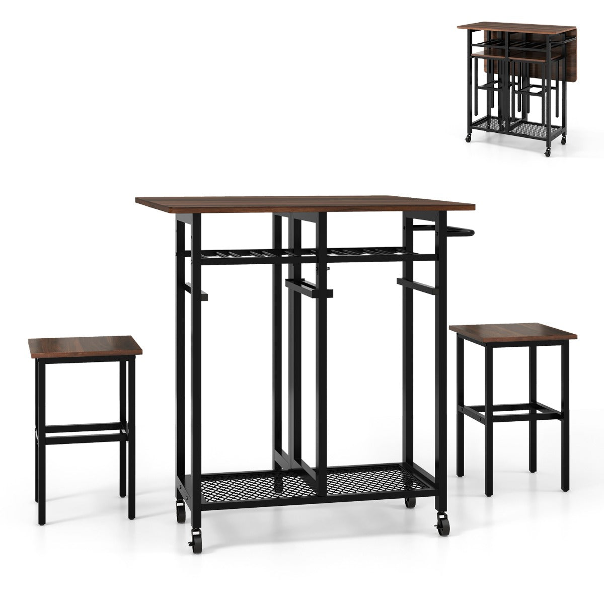 Juego de Mesa de Comedor de 3 Piezas con 2 Taburetes Botellero para 6 Botellas Estantes y Asa Lateral Mesa Plegable para Cocina Marrón