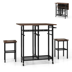 Juego de Mesa de Comedor de 3 Piezas con 2 Taburetes Botellero para 6 Botellas Estantes y Asa Lateral Mesa Plegable para Cocina Marrón