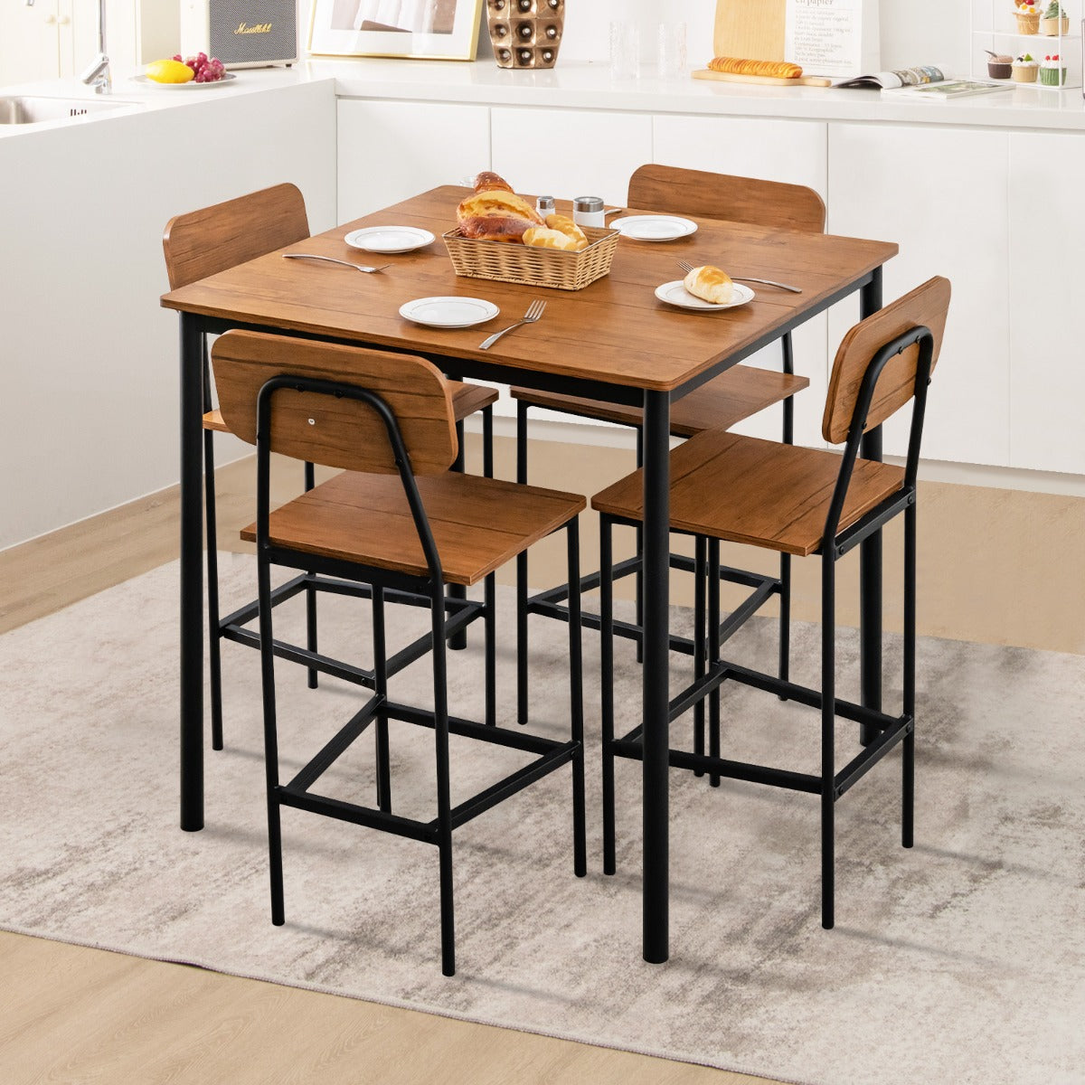 Juego de Mesa de Comedor de 5 Piezas con Mesa de Altura de Mostrador y 4 Taburetes de Bar Nogal