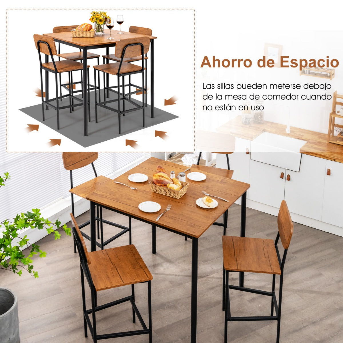 Juego de Mesa de Comedor de 5 Piezas con Mesa de Altura de Mostrador y 4 Taburetes de Bar Nogal