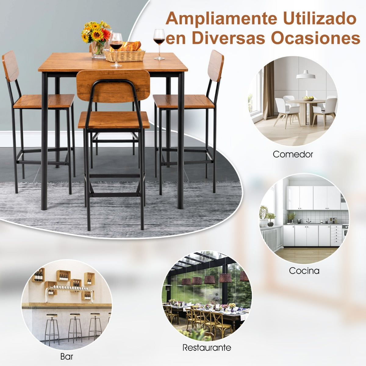 Juego de Mesa de Comedor de 5 Piezas con Mesa de Altura de Mostrador y 4 Taburetes de Bar Nogal