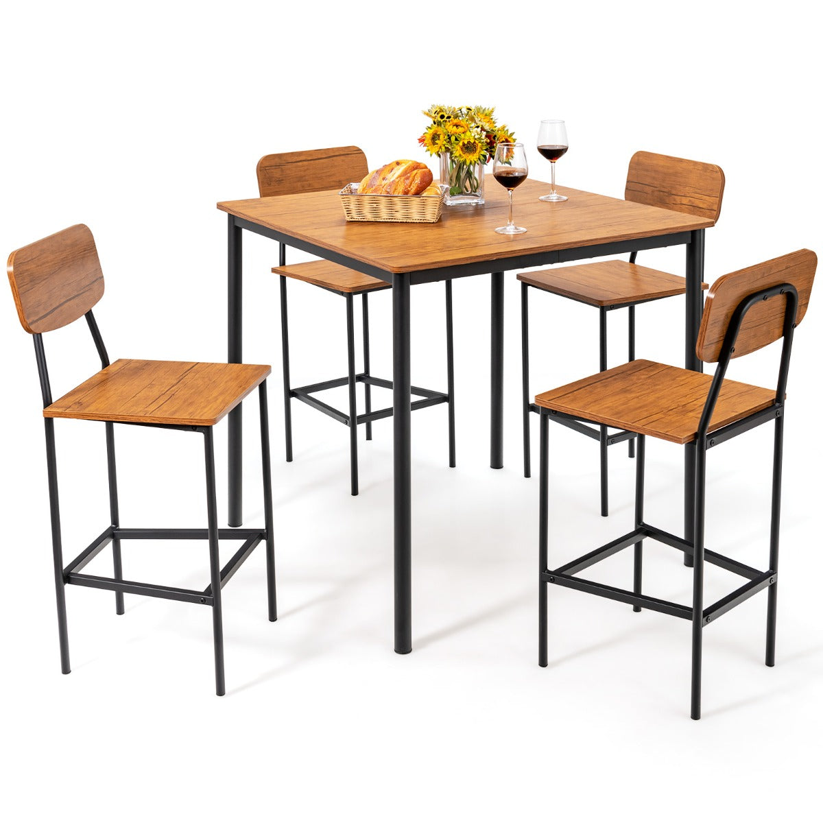 Juego de Mesa de Comedor de 5 Piezas con Mesa de Altura de Mostrador y 4 Taburetes de Bar Nogal