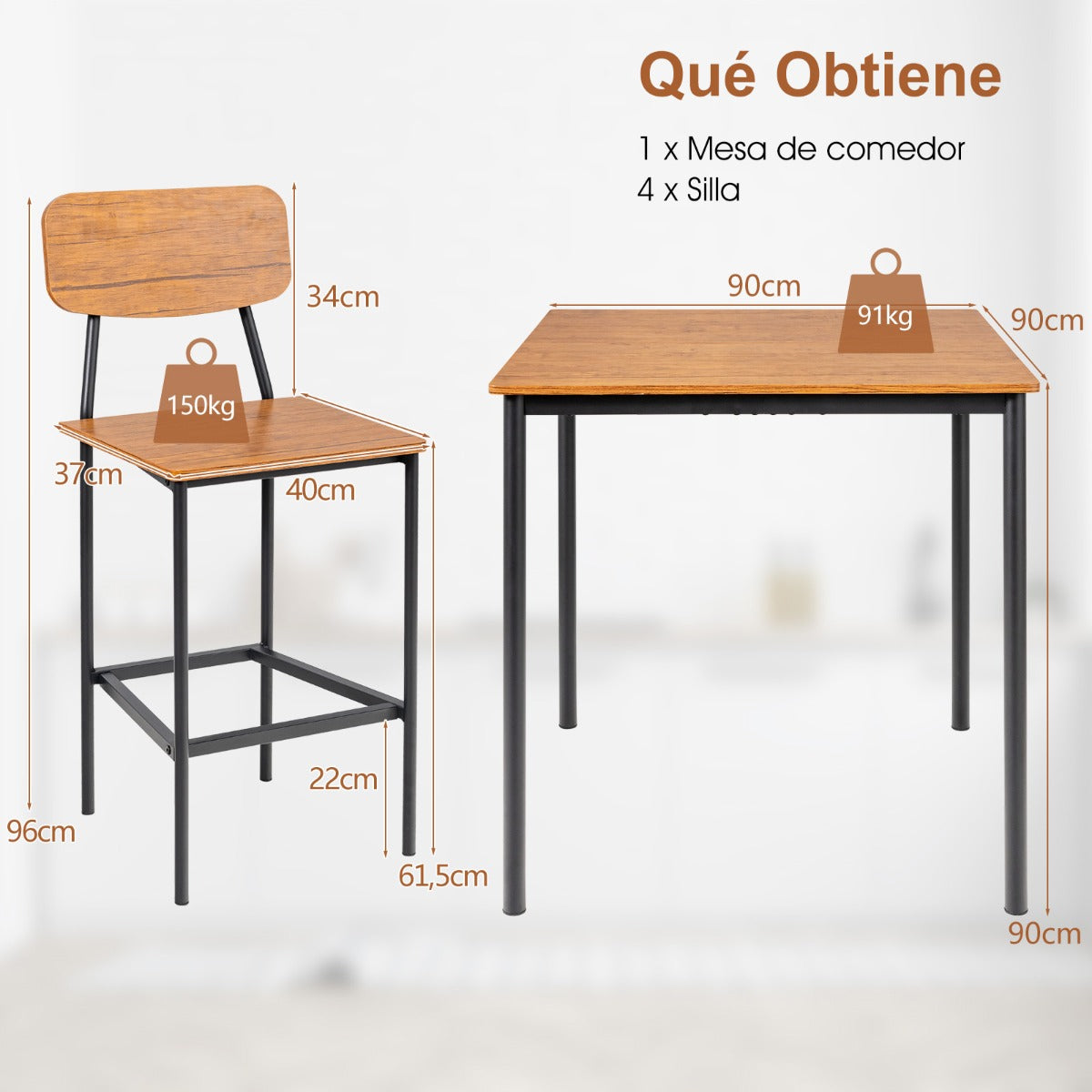 Juego de Mesa de Comedor de 5 Piezas con Mesa de Altura de Mostrador y 4 Taburetes de Bar Nogal