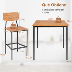 Juego de Mesa de Comedor de 5 Piezas con Mesa de Altura de Mostrador y 4 Taburetes de Bar Nogal