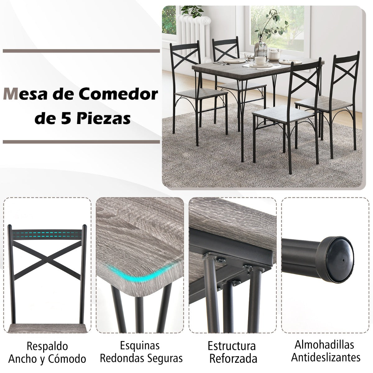 Juego de Mesa de Comedor de 5 Piezas con Mesa Rectangular Moderna y 4 Sillas de Marco Metal para Cocina Oficina y Restaurante Gris