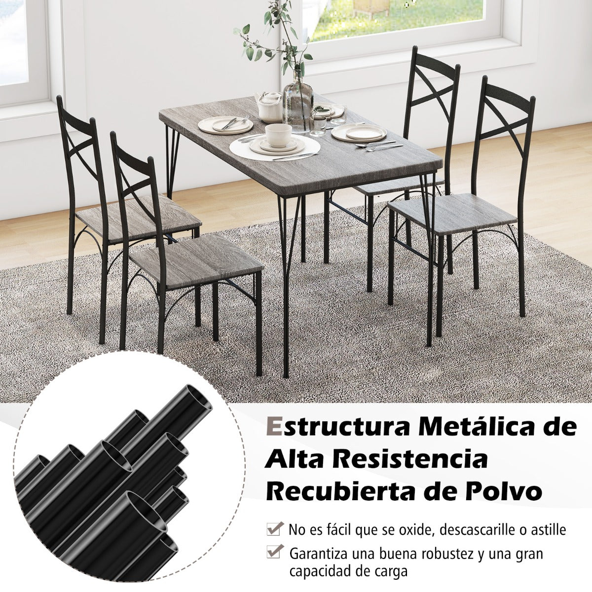 Juego de Mesa de Comedor de 5 Piezas con Mesa Rectangular Moderna y 4 Sillas de Marco Metal para Cocina Oficina y Restaurante Gris