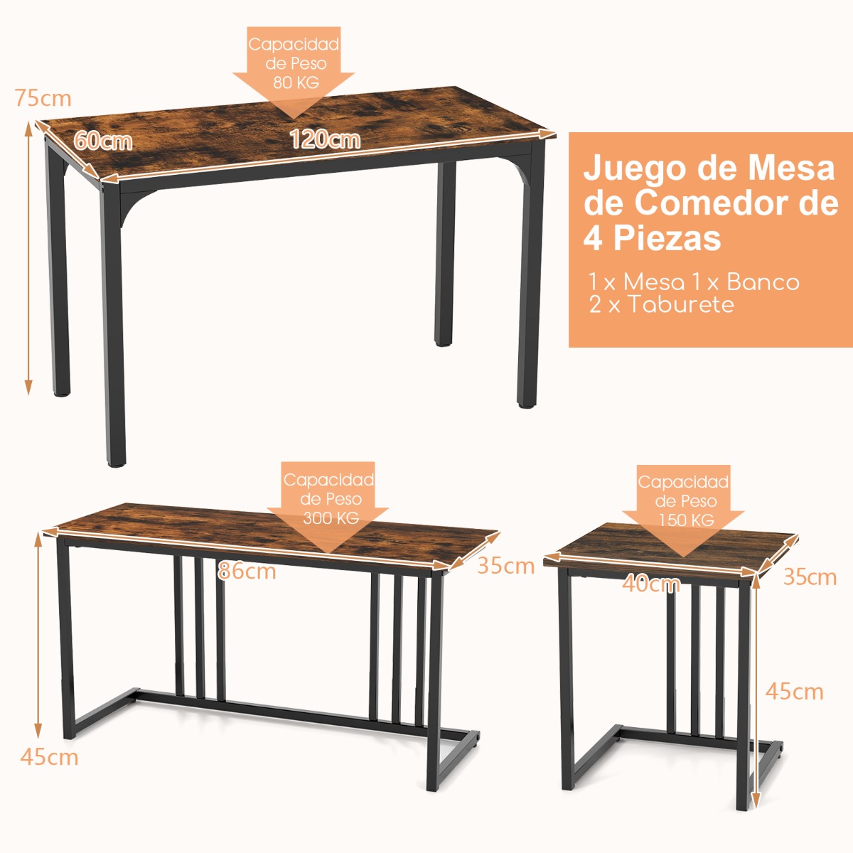 Juego de Mesa de Comedor 4 Piezas con Banco y 2 Taburetes para 4 Personas Set Muebles para Cocina Restaurante Bar Marrón