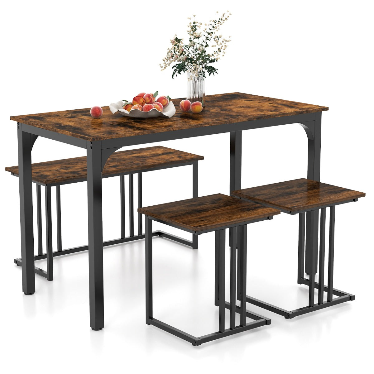 Juego de Mesa de Comedor 4 Piezas con Banco y 2 Taburetes para 4 Personas Set Muebles para Cocina Restaurante Bar Marrón
