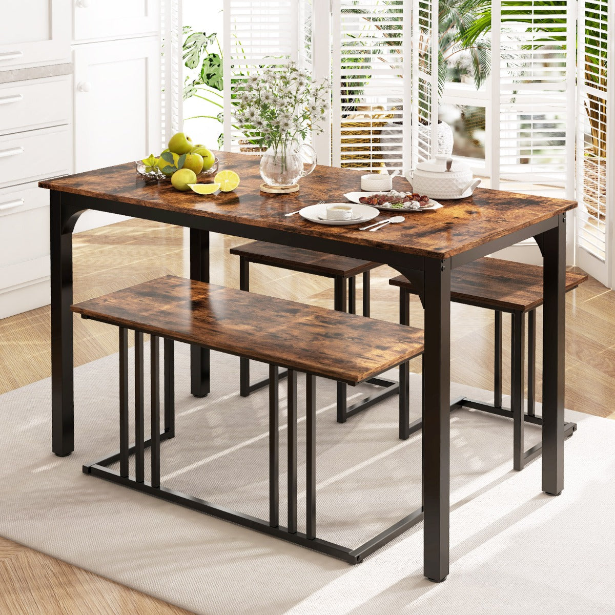 Juego de Mesa de Comedor 4 Piezas con Banco y 2 Taburetes para 4 Personas Set Muebles para Cocina Restaurante Bar Marrón