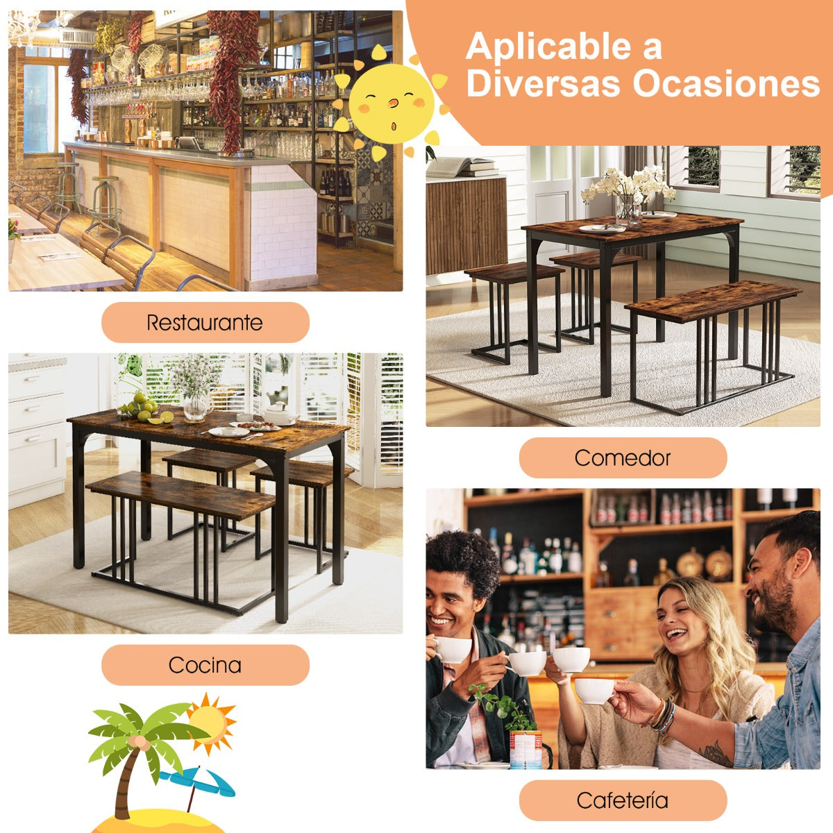 Juego de Mesa de Comedor 4 Piezas con Banco y 2 Taburetes para 4 Personas Set Muebles para Cocina Restaurante Bar Marrón