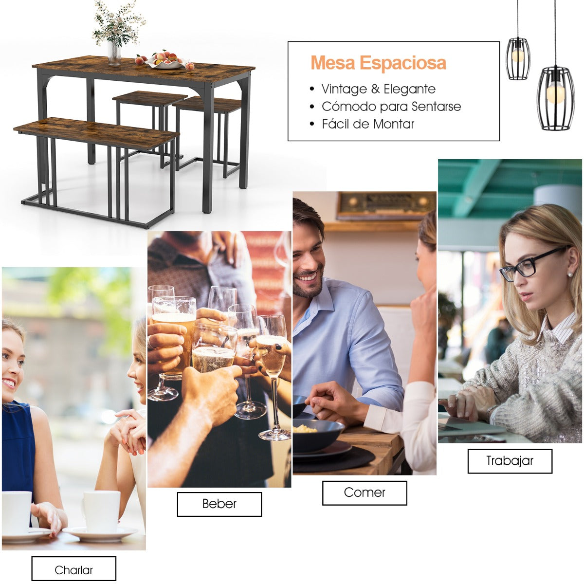 Juego de Mesa de Comedor 4 Piezas con Banco y 2 Taburetes para 4 Personas Set Muebles para Cocina Restaurante Bar Marrón