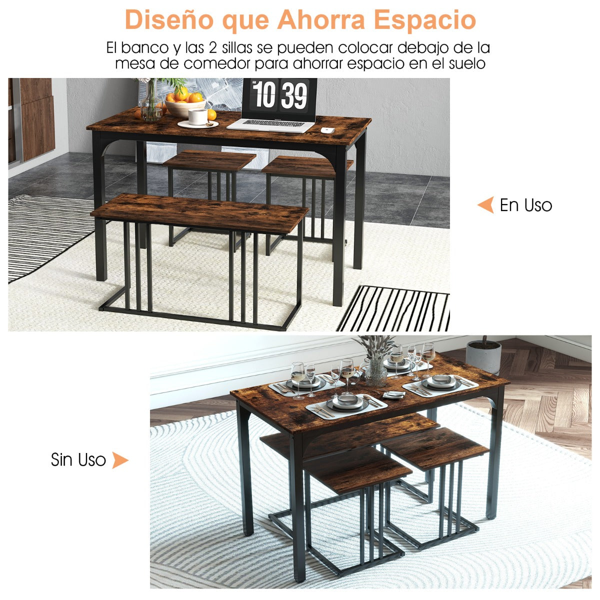 Juego de Mesa de Comedor 4 Piezas con Banco y 2 Taburetes para 4 Personas Set Muebles para Cocina Restaurante Bar Marrón