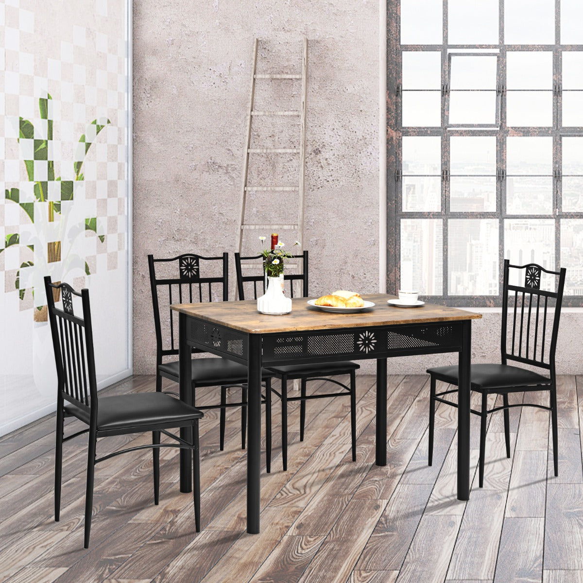 Juego de Mesa de Comedor Moderna con 4 Sillas Tapizadas para Hogar y Restaurante Negro