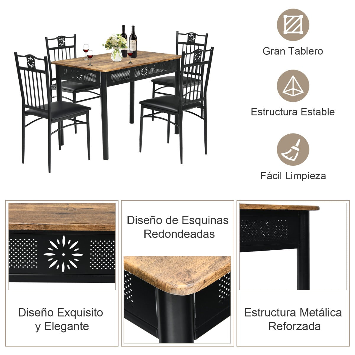 Juego de Mesa de Comedor Moderna con 4 Sillas Tapizadas para Hogar y Restaurante Negro