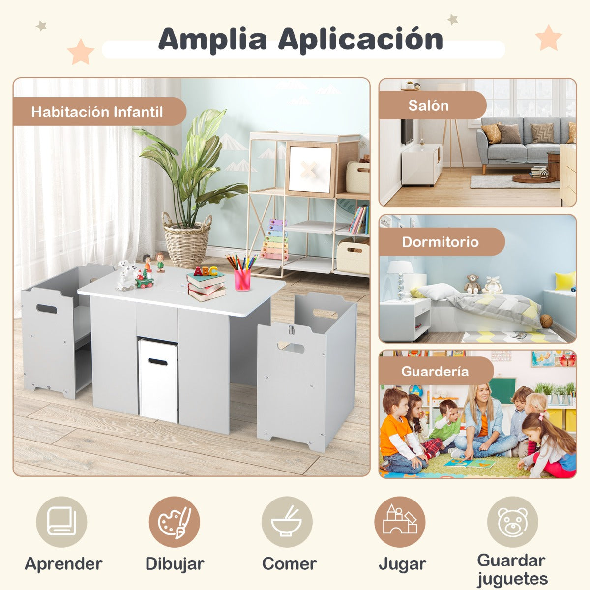 Juego de Mesa y Sillas Infantil 4 en 1 Mesa de Actividades con 2 Sillas Apilables Tapa Desmontable Set de 3 Piezas para Niños 3+ Años Gris