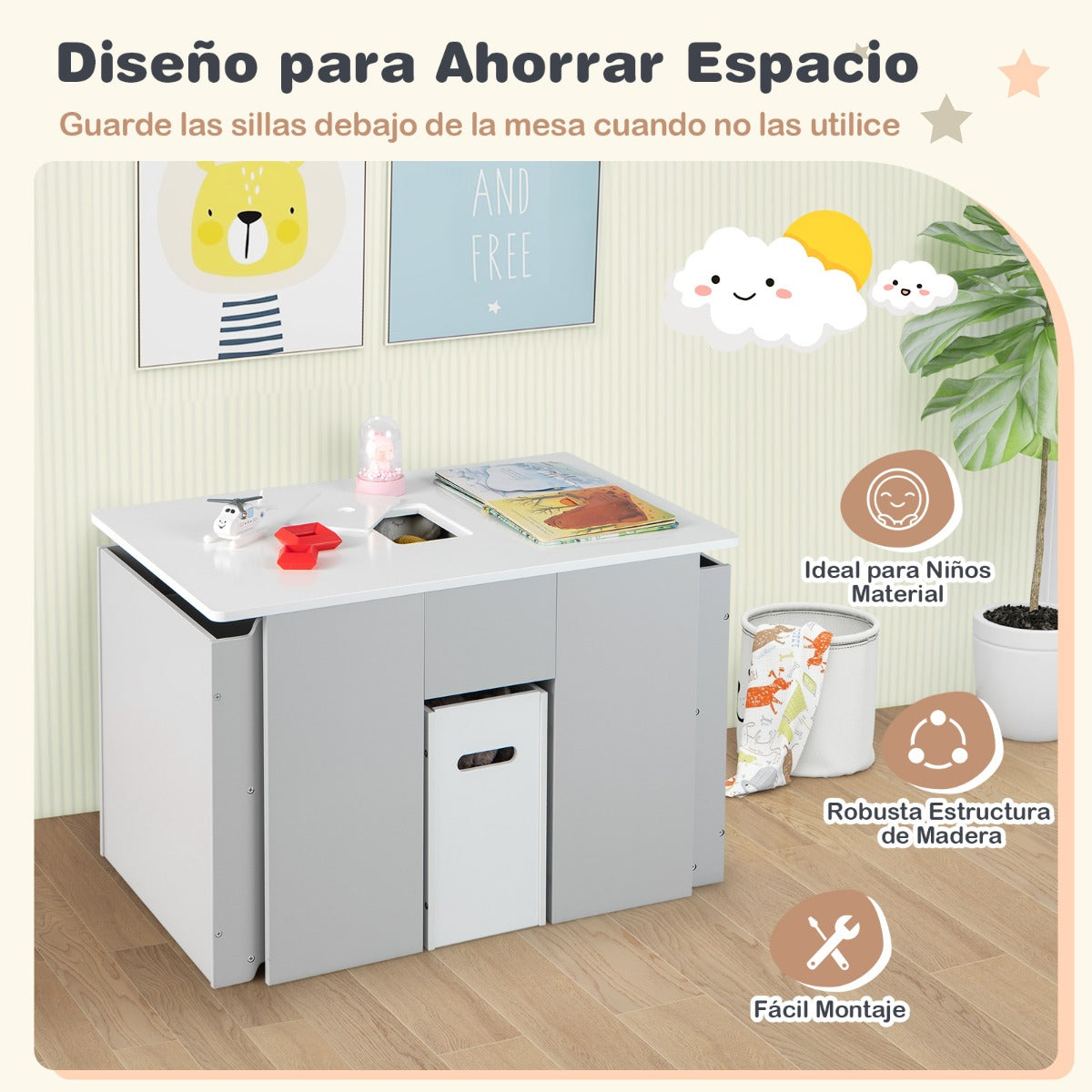 Juego de Mesa y Sillas Infantil 4 en 1 Mesa de Actividades con 2 Sillas Apilables Tapa Desmontable Set de 3 Piezas para Niños 3+ Años Gris