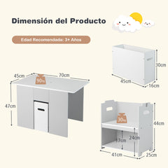 Juego de Mesa y Sillas Infantil 4 en 1 Mesa de Actividades con 2 Sillas Apilables Tapa Desmontable Set de 3 Piezas para Niños 3+ Años Gris